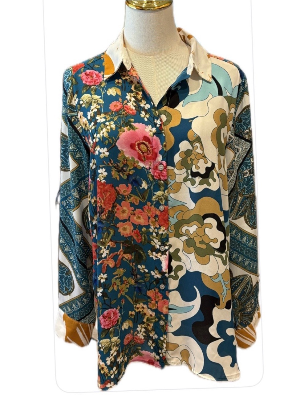 Rose & Olive Floral Multi Color Long Sleeves Button Up Blouse M - Picture 2 of 10